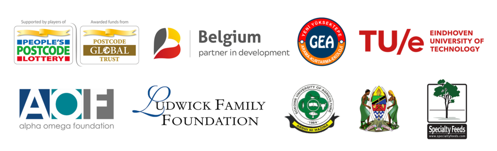 Partner and Donor logos for APOPO Search and Rescue project: People's Postcode Lottery, Belgian Directorate-General for Development Cooperation and Humanitarian Aid (DGD), GEA, Eindhoven University of Technology, Alpha Omega Foundation, Ludwick Family Foundation, Sokoine University of Agriculture, Tanzania and Specialty Feeds Australia.