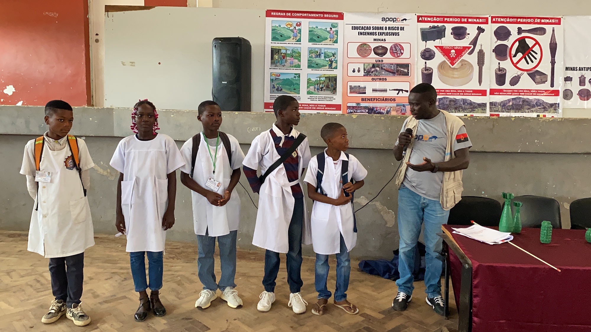 APOPO carries out mine risk education at schools. Our teams teach children (and adults) how to identify, report and protect themselves against explosive hazards using informative posters.