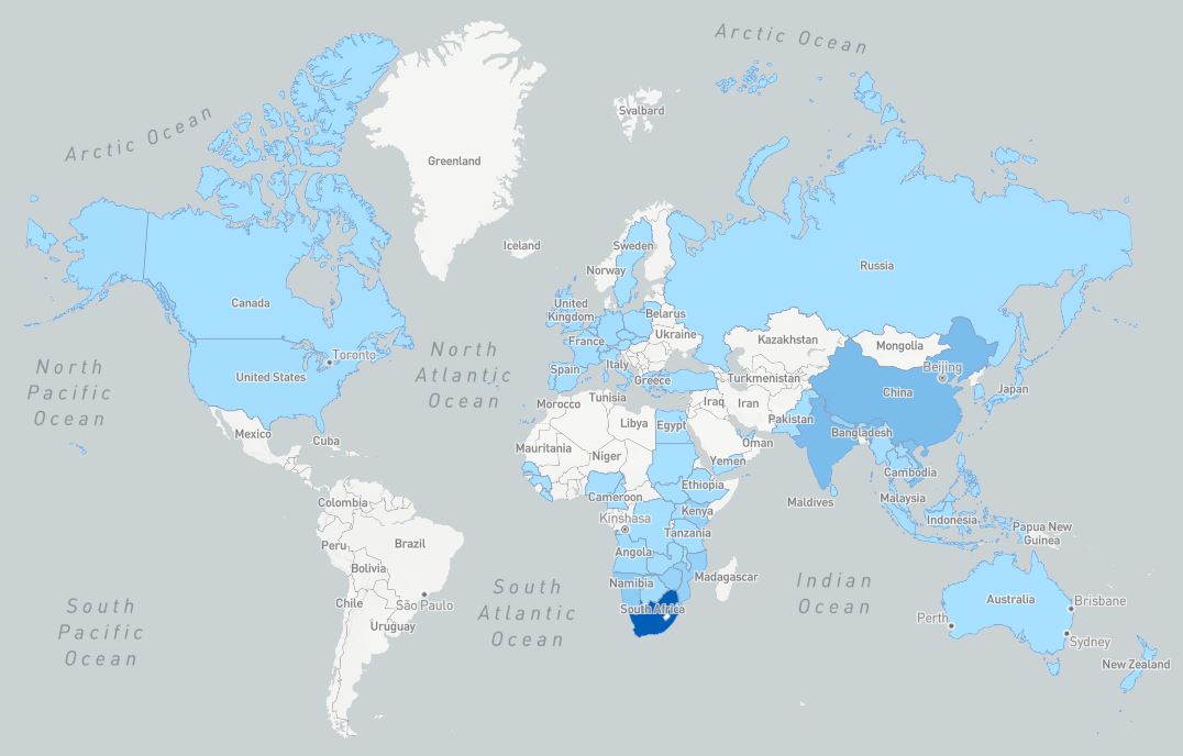 Countries involved in the trade of Rhino